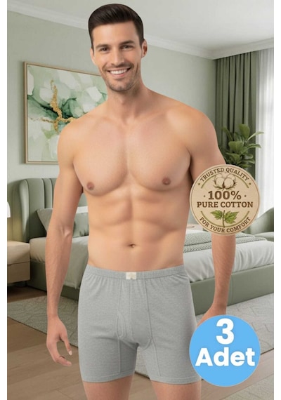 Uniquetrenders Erkek %100 Pamuklu 3'lü Süprem Kumaş Penye Boxer Gri