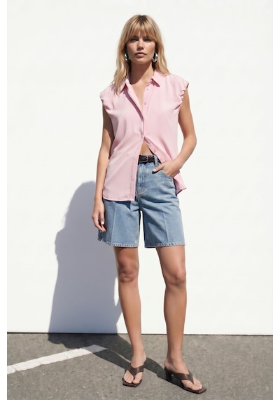 Sateen Kol Detaylı Gömlek - Pembe-137578