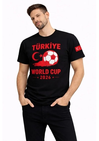 Suma Erkek Siyah Futbol Temalı Tişört - Türkiye World Cup 2026 Baskılı
