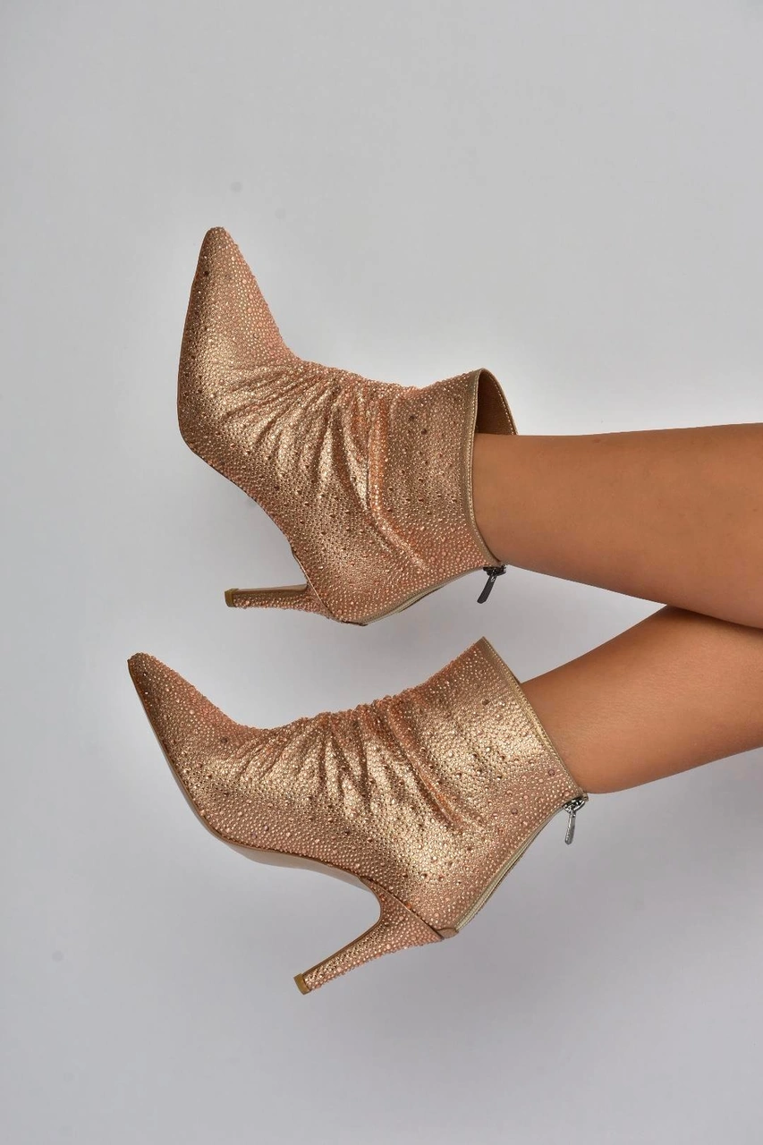 Fox Shoes V572127214 Bronz Sim Taşlı İnce Topuklu Abiye Bot Bronz-sim