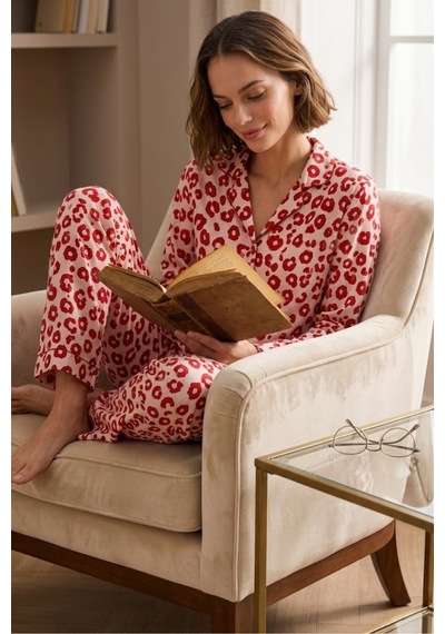 Fit Women Kadın Gömlek Yakalı Uzun Kollu Kırmızı Pijama Seti