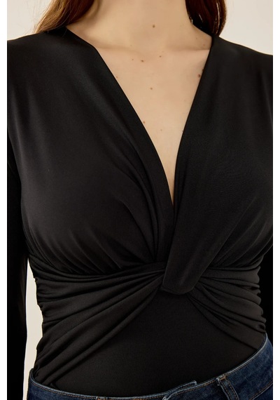 Hiccup V Yaka Uzun Kollu Slim Fit Bodysuit Siyah