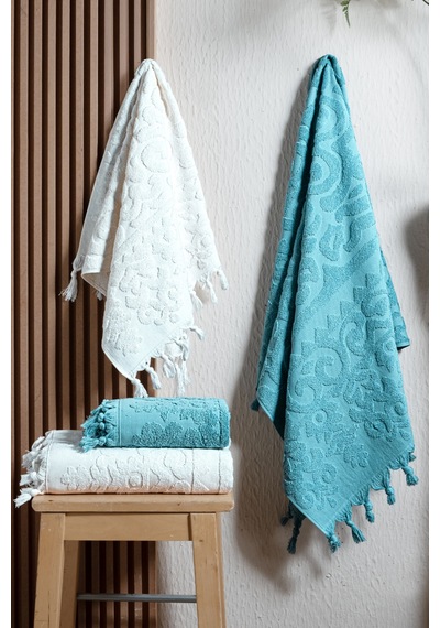 Kumsal 4'lü Hamam Seti %100 Pamuk 2 Adet 70x140 Beden, 2 Adet 50x90 El, Yüz, Saç Havlu , 1250gr Krem - Mavi