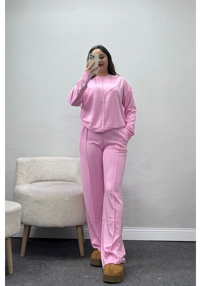 Belendir Kadın Modal Bisiklet Yaka Geniş Paça Çımalı Takım Pembe