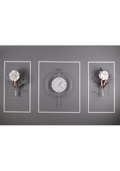 Büyük Boy 5'li Kristal Elegante Set Gümüş Beyaz - Modern Duvar Saati Mat Gümüş