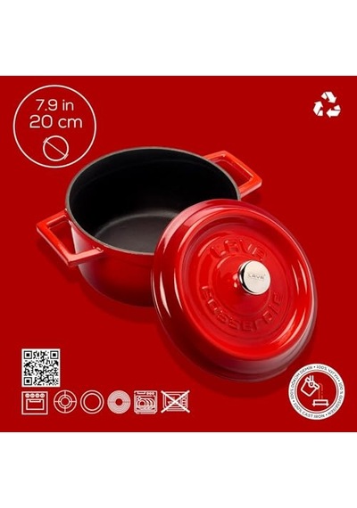 Metal Döküm Yuvarlak Tencere, 20 Cm, Kırmızı Çok Renkli