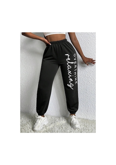Tarzsokak Slayr Letter Graphic Elastic Waist 4 Mevsim Eşofman Siyah