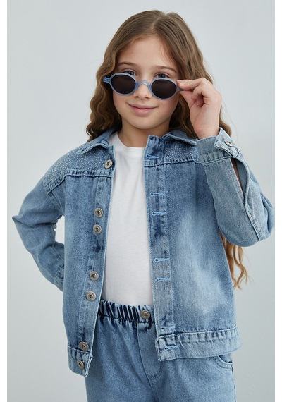 Fullamoda Taşlı Beli Lastikli Kız Çocuk Jean 3 Lü Takım Mavi