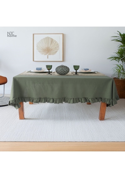 Dnc Home Tekstil  Haki Keten Fırfırlı Masa Örtüsü Haki
