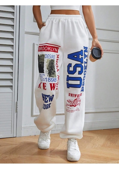 Coolane Letter Graphic Elastic Waist 4 Mevsim Eşofman Beyaz