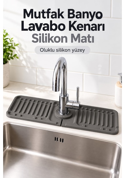 Lavabo Kenarı Silikon Su Geçirmez Musluk Matı 37x14cm Gri