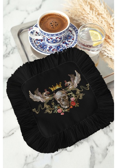 Gotik Kraliyet Temalı Saçaklı Sunum Peçetesi - Vintage Eklektik Siyah Bardak Altlığı Mendil Çok Renkli