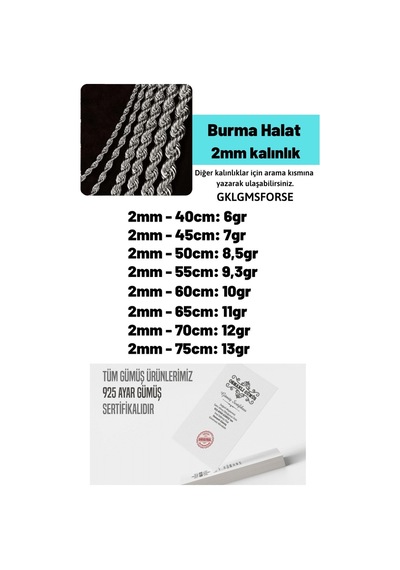 Erkek Gümüş Kolye - 2mm Burma Model Halat Gümüş Kolye Zincir Gklhltburma-gms