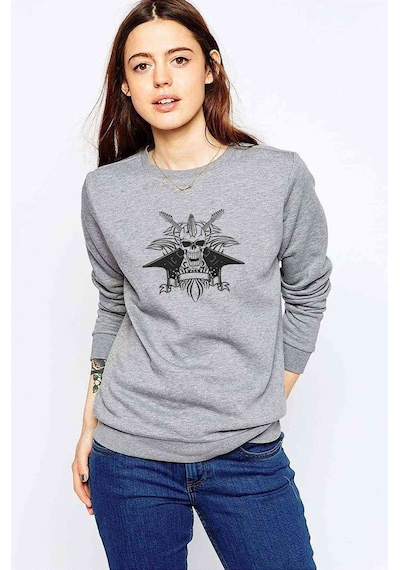 Rock Kurukafa Baskılı Gri Kadın Sweatshirt (528309516)