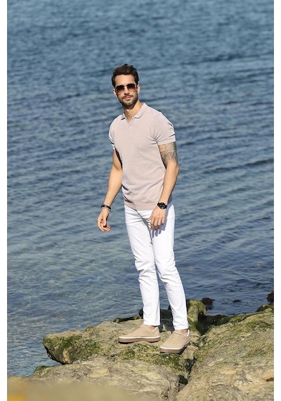 Ferraro A.Bej/Beyaz Kuşgözü Desenli Polo Yaka Erkek Triko T-Shirt-Bej