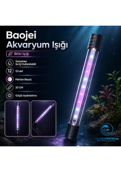 Akvaryum Işığı - Bitki Işığı - Balık Işığı - Tamamen Su İçinde Kullanılabilir - 12 Led - Pembe Beyaz - 20 Cm - Güçlü Aydınlatma - 3.5w