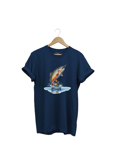 Zıpkınlanan Alabalık Tasarımlı Balıkçılık Temalı %100 Pamuk Unisex Regular Fit T-shirt Lacivert