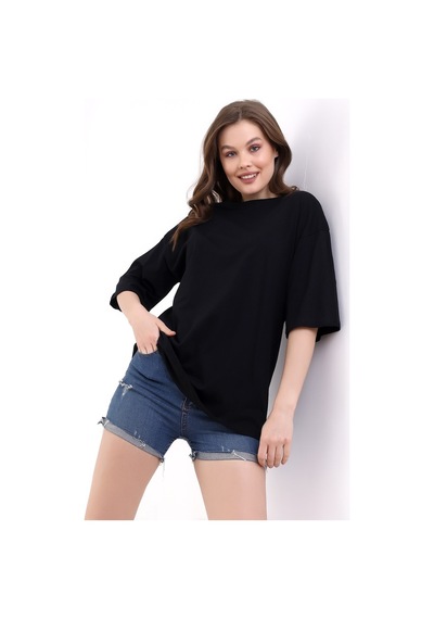 Winmoda34 Unisex Bisiklet Yaka Oversize Boyfriend T-shirt Siyah