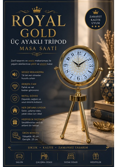 Gold Royal Motifli Üç Ayaklı Metal Masa Saati