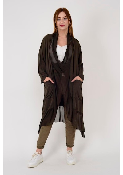 Bohem Stil Italyan Ipek Detaylı Oversize Kaftan & Bluz-8711 Koyu Kahve