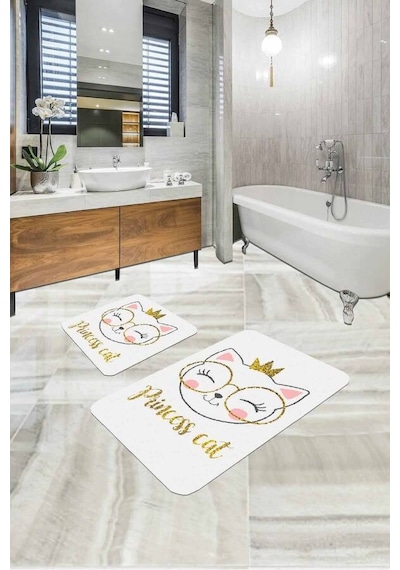Ekru Kedi Temalı Banyo Halısı Klozet 2'li Paspas Seti Bs256n11