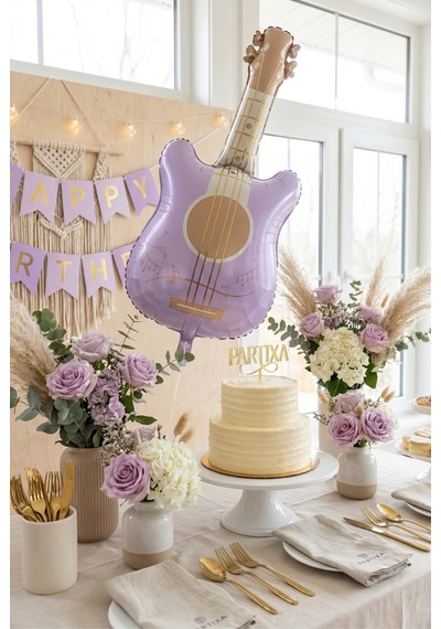 Retro Mat Lila Gitar Folyo Balon 46x89 Cm Müzik Temalı Doğum Günü Parti Süsü Çok Renkli