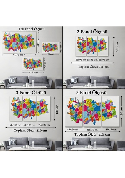 Es10 Türkiye Haritası Kanvas Tablo İl ve İlçeli Ayrıntılı Eğitici Dekoratif Tablo 3033 (125 x 210)