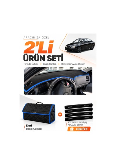 Hyundai Elantra 1997-2006 Uyumlu Torpido Örtüsü + Deri Bagaj Çantası + Sticker Seti - Siyah Mavi