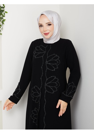 Eslemnur Lotus Çiçek Taşlı Büyük Beden Anne Elbisesi Siyah