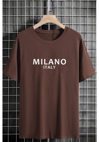 Erkek Milano Baskılı Oversize Tshirt Kahverengi