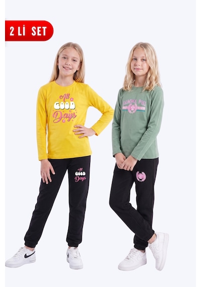 Fyk Kids Kız Çocuk 2'li Baskılı Uzun Kollu Süprem Eşofman Takımı Sarı-mint Yeşili