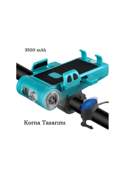 5in1 Bisiklet Feneri Şarjlı Telefon Tutucu+korna +sis Farı 3500 Mah Powerbank Scooter Lambası Yeşil Çok Renkli