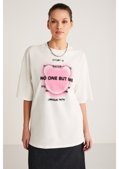 ETHIQUET BUG Kadın %100 Organik Pamuklu Baskı Detaylı Oversize Fit Bol Kesim Kısa Kollu Ekru T-Shirt