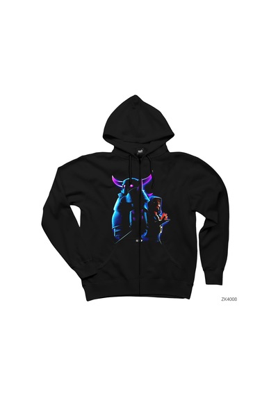 Clash Of Clans Büyücü Ve Pekka Siyah Fermuarlı Kapşonlu Sweatshirt