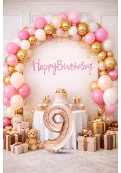 9 Yaş Pompa Hediyeli Doğum Günü Seti Banner Gold Pembe Kum Beji Beyaz Balonlar Rose Gold Rakam Çok Renkli