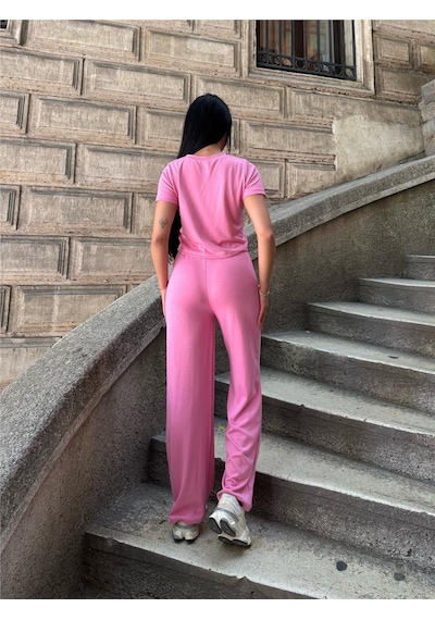 WeShaya Pembe Modal Polyester Palazzo Cepli Takım Pembe