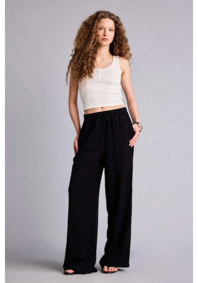 Defacto Wıde Leg Cepli Yüksek Bel Standart Boy Keten Karışımlı Pantolon F5024ax26smbk27 Siyah-bk27