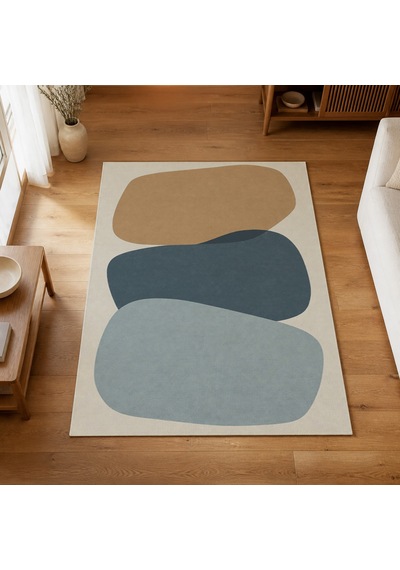 Kartela Halı Katman Taş Desenli Modern Halı Mavi Kaymaz Taban Makinede Yıkanabilir 180x270 Cm