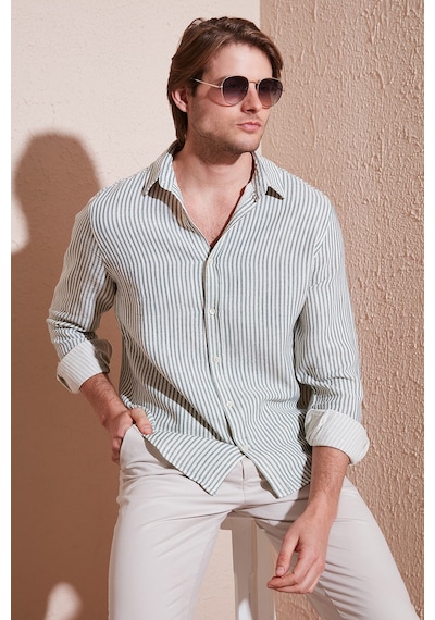 Buratti Çizgili Regular Fit Pamuklu Uzun Kollu Erkek Gömlek Cf25S129721 Açık Haki