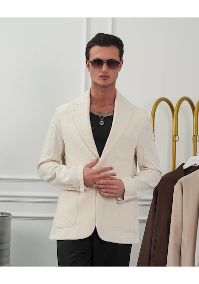 Modefendi %100 Pamuk Keten Modern Fit Keten Ceket Krem