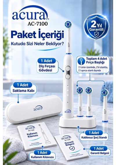 Acura Ac-7100 Döner Başlıklı Profesyonel Şarjlı Diş Fırçası