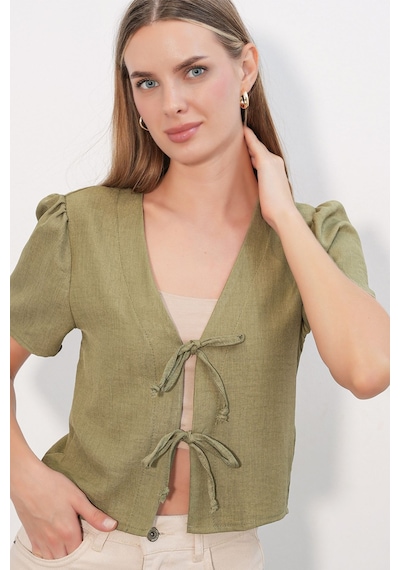 Hiccup Bdart Dokulu V-yaka Keten Karışımlı Crop Top Haki