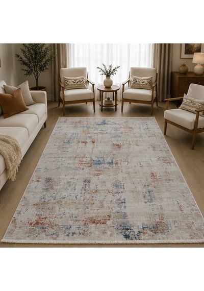 Otantik Modern Eskitme Saçaklı Salon Halısı Krem Antrasit Kiremit 200x290 Cm 1