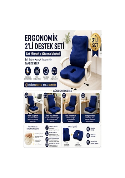 Ortopedik Sırt Ve Oturma Minderi Seti Bel, Sırt Ve Kuyruk Sokumu İçin Ergonomik Visco Destek Lacivert