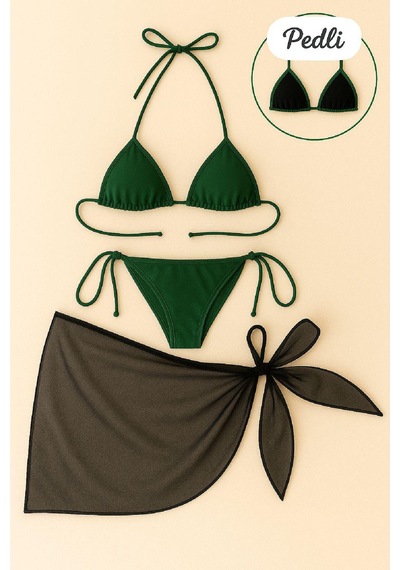 Angbutik Kadın Yeşil Siyah Pareolu Yandan Ve Boyundan Bağlamalı 3'lü Bikini Takımı