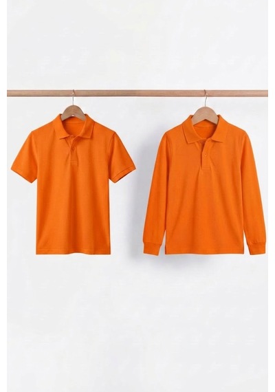 Nacar Store Unisex Çocuk Uzun Ve Kısa Kollu Polo Yaka Okul Tişörtü 2'li Set Turuncu