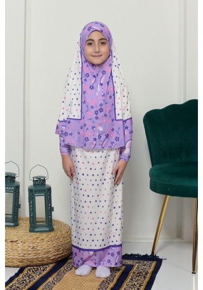 Çocuk Namaz Takımı Pratik İki Parça Desenli Kollu Tak Çıkar Başörtülü Likralı Tesettür Elbise 6-12 Yaş 901-0401 Çok Renkli