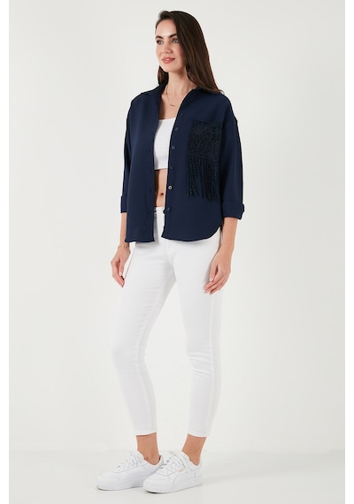 Lela Regular Fit Güpürlü Cep Detaylı Uzun Kollu Bayan Gömlek 6773215 Lacivert