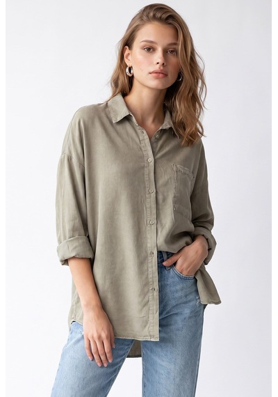 Mixray 4963 Kadın Tencel Kumaş Oversize Cepli Uzun Kollu Gömlek Vizon