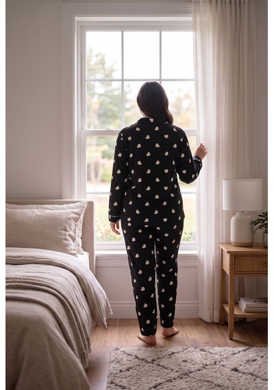 Seboteks Süet Kumaş Önden Düğmeli Büyük Beden Kadın Pijama Takımı 2800 Siyah
